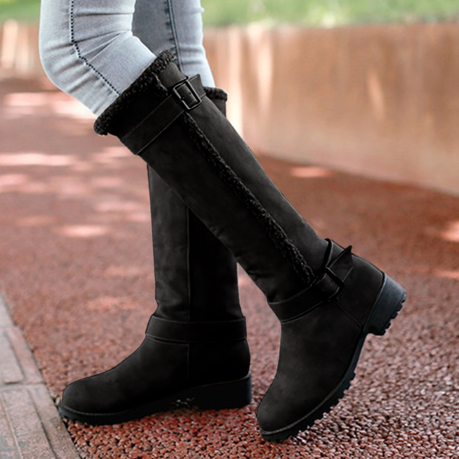 nsendm Women Shoes Adult Female Womens Leather Boots Wide Width Wide Calf Womens Knee High Boots Mid Chunky Heel Round Fringe Boots for Women Mid Calf Black 7.5 Walmart