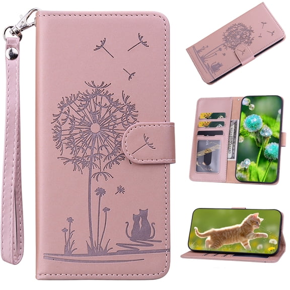 Wallet Case For Samsung Galaxy S25 Ultra,PU Leather Magnetic Clasp Flip Kickstand Folio Cover with RFID Blocking Card Holders,Cute Dandelion Cat Embossed Shockproof with Wrist Strap,Rosegold