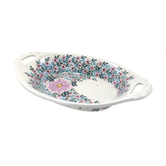 Blue Rose Polish Pottery Lilac Garden Bread Tray with Handles