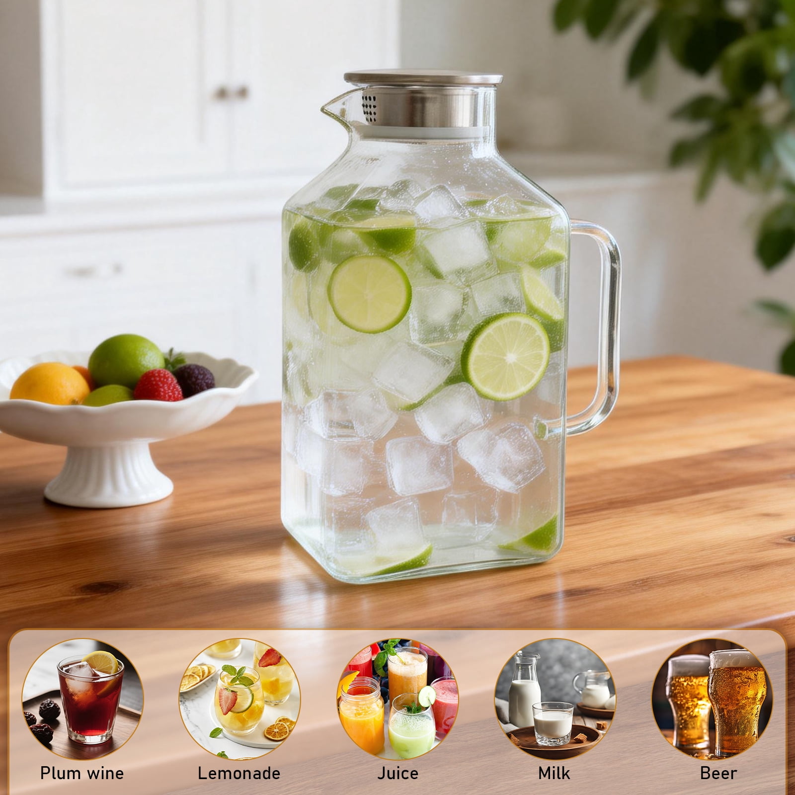 Fkszll 1 Gallon Square Glass Pitcher with Lid and Spout Borosilicate Glass Carafe for Hot/Cold Drink Water Pitcher with Handle for Fridge Large Jug for Iced Tea Coffee Juice Beverage