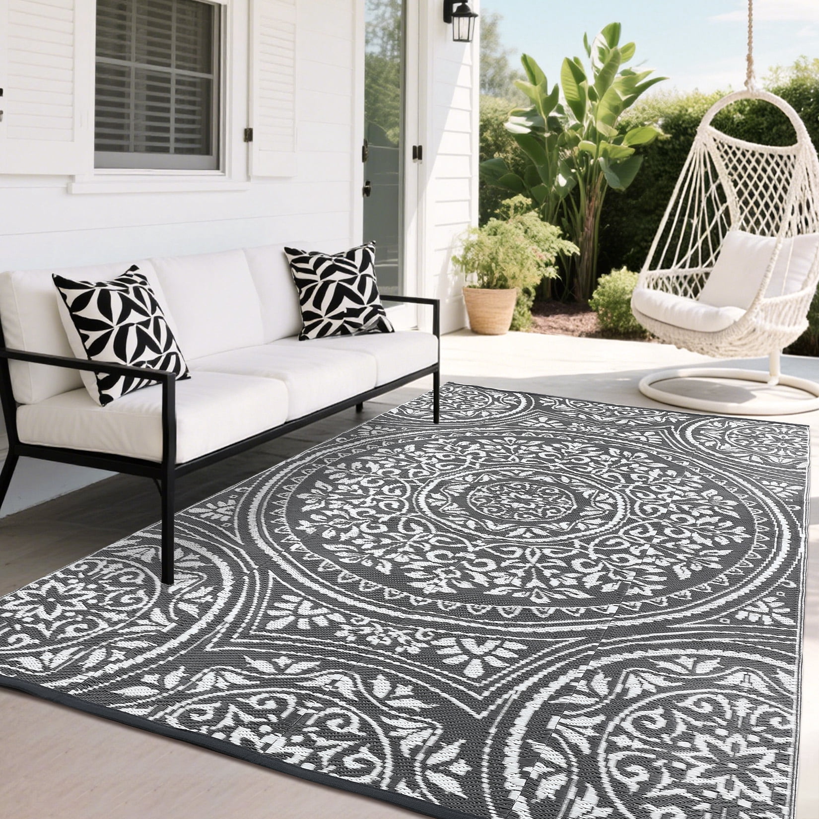 Garvee 9'x12' Waterproof Outdoor Rug Floral Reversible Outdoor Carpet, Plastic Straw Rug Portable RV Picnic Camping Mat for Garden Backyard Deck Balcony, Gray