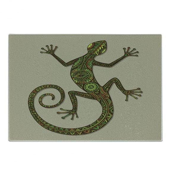Reptile Cutting Board, Ornamental Colorful Lizard Patterns Moving Around Exotic Creature Theme, Decorative Tempered Glass Cutting and Serving Board, Small Size, Green Tan, by Ambesonne