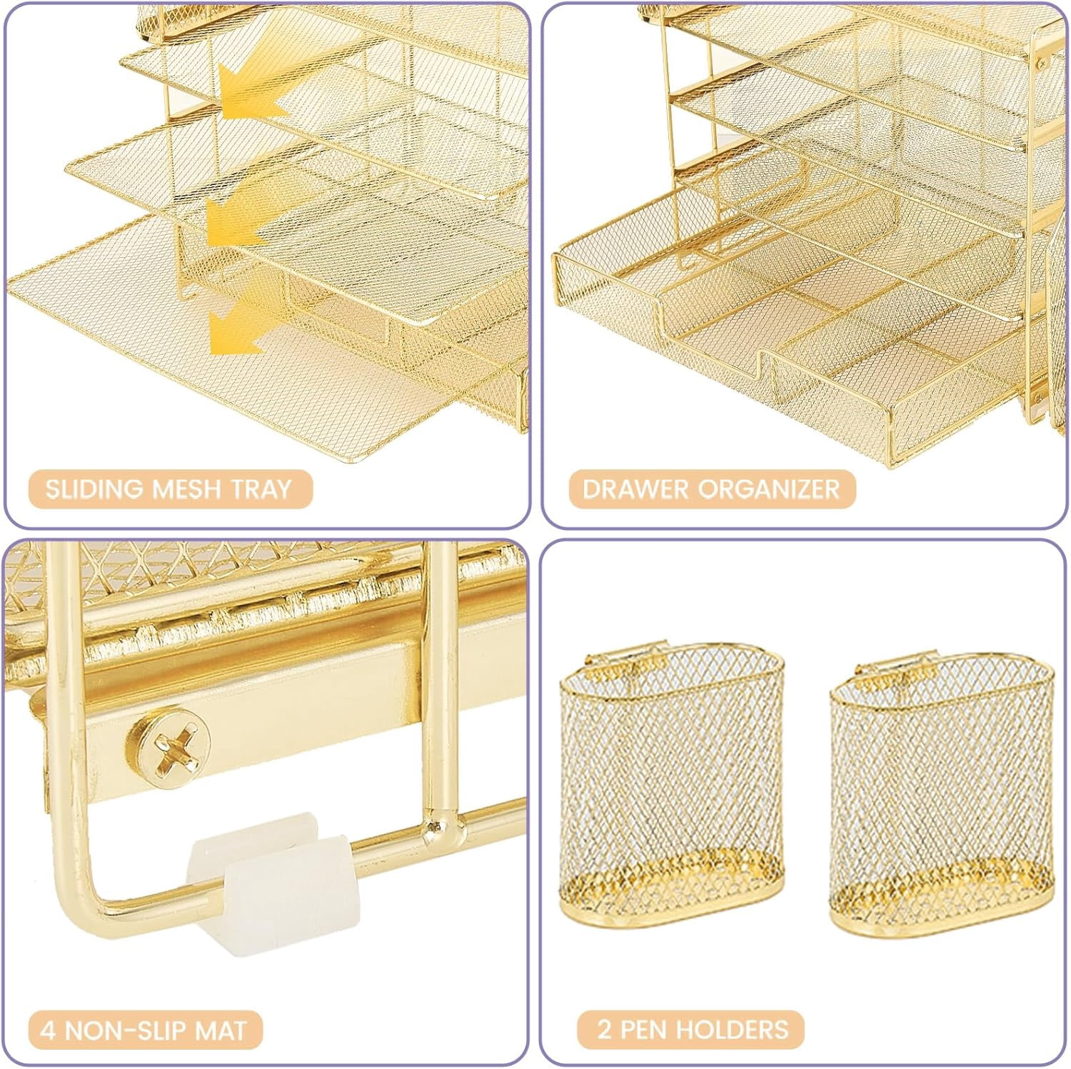 ThrottleT-Desk Organizers and Accessories with File Holder, 5-Tier Office Desk Accessories & Workspace Desktop Organizer with Drawer and 2 Pen Holder, File Paper Organizer for Office Supplies(Gold)