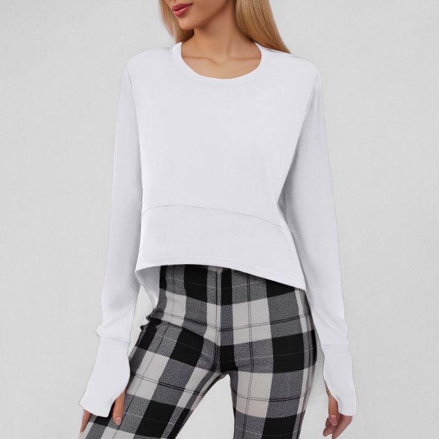 MHFRRA Sudadera deportiva de Manga Corta con Cuello Redondo y Color Liso para Mujer, Camiseta de Manga Larga Blanco