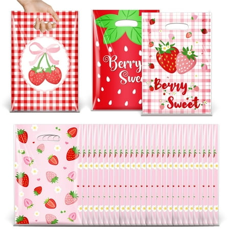 Sinekong 60pcs Plastic Strawberry Party Favor Bags - Strawberry Goodie Bags for Birthday Baby Shower Wedding