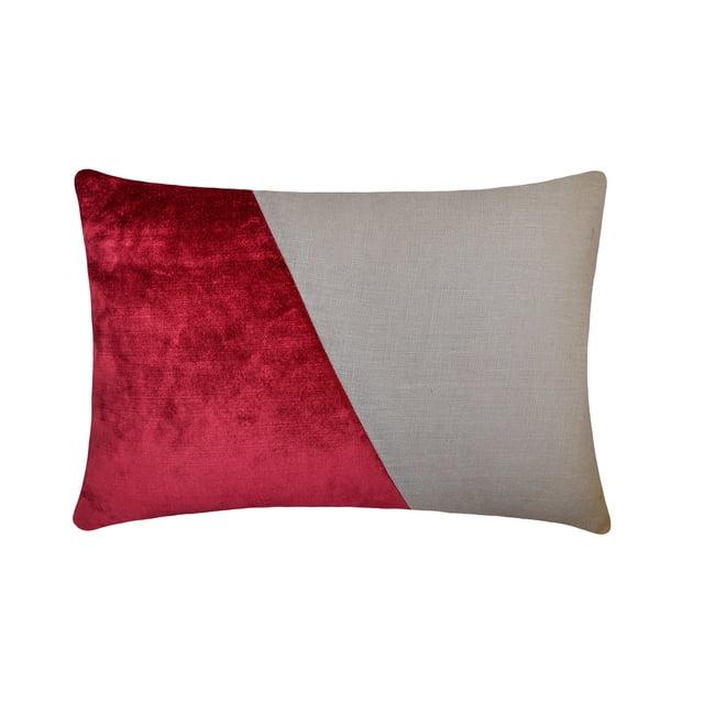 The HomeCentric Decorative Cranberry 12"x14" (30x35 cm) Lumbar Pillow Cover, Velvet & Linen Solid Color Block Oblong Pillow, Patchwork Pattern Modern Style - Velutinous Cranberry