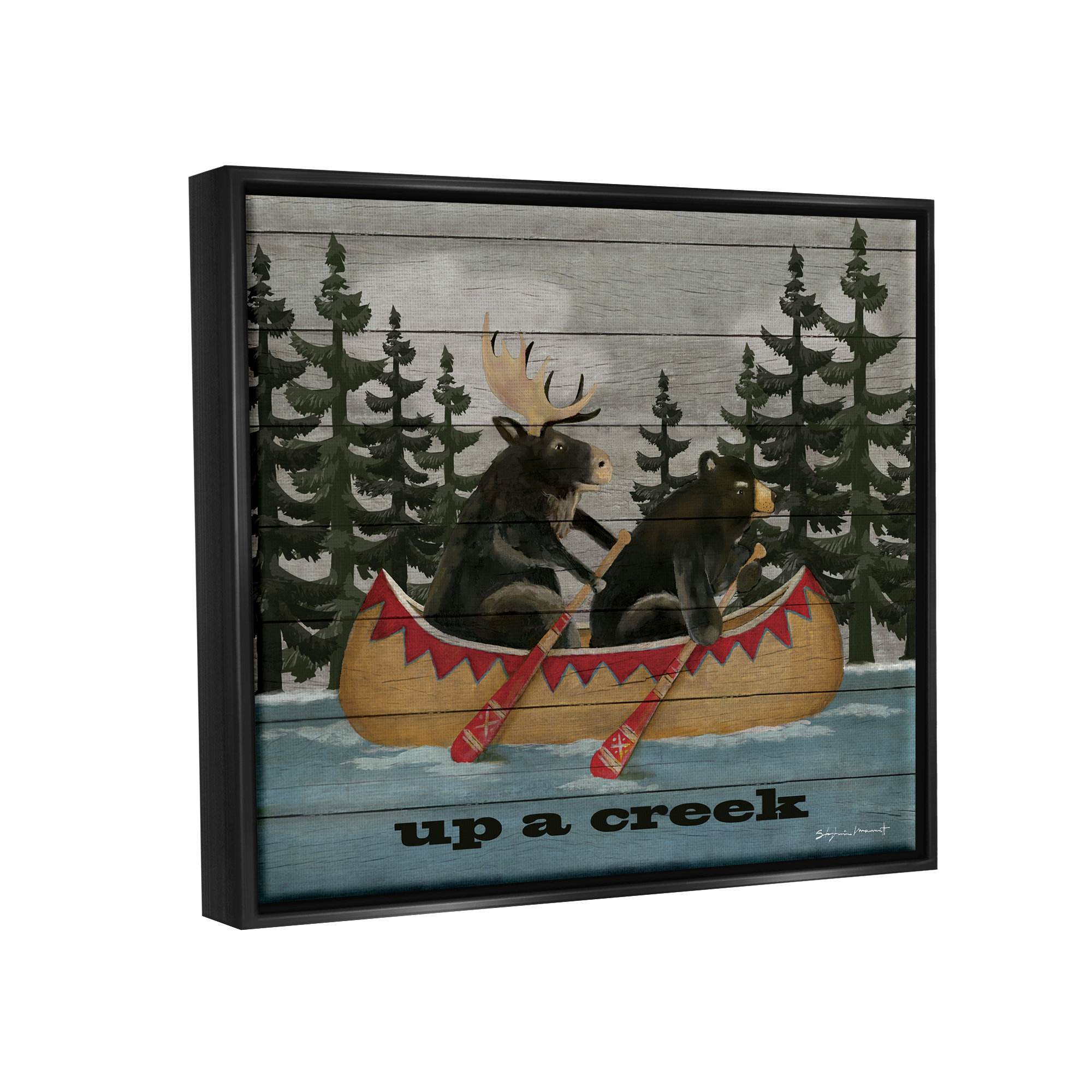 Stupell Up A Creek Woodland Cabin Canoe Transportation Painting Black Floater Framed Art Print Wall Art