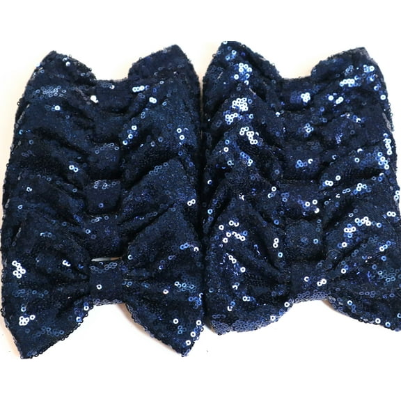 Set of 12 Navy Blue Sequin Bows 5 Inches Large Glitter Bows Wholesale Bows, DIY Fabric Hair Bows - No Clips