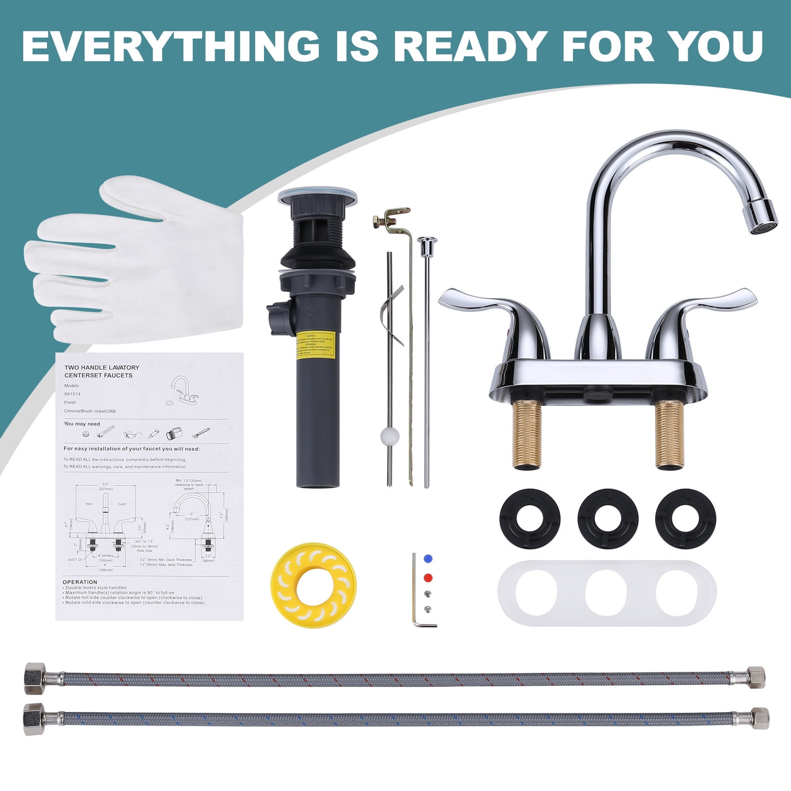 WOWOW 2 Handle Bathroom Faucet Chrome, 4 Inch Centerset Bathroom Faucet with Drain Assembly and Supply Hoses, Bathroom Faucet 3 Holes