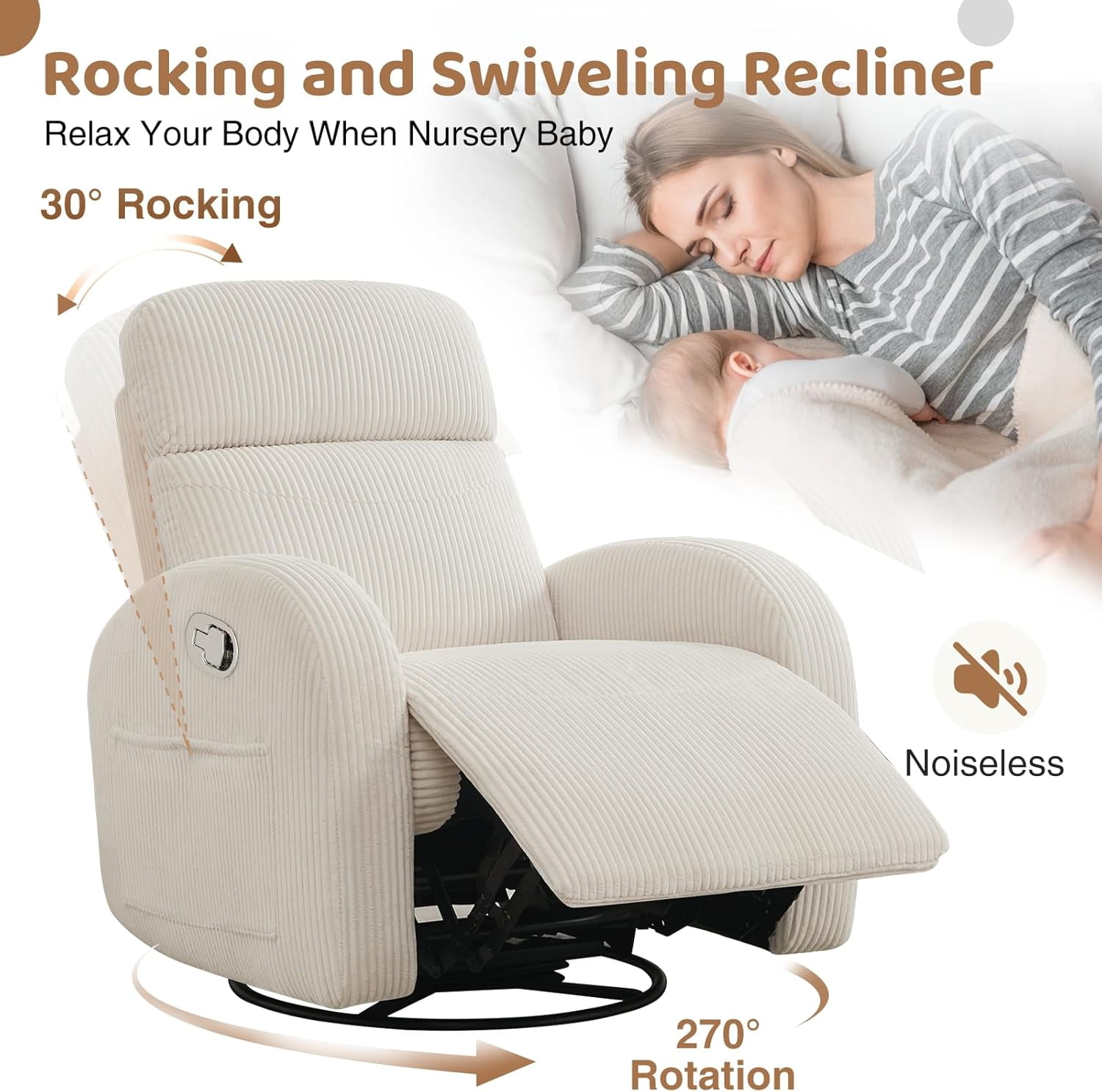 Aemeios Corduroy Swivel Rocker Glider Manual Recliner Nursery Rocking Chair with Double Pockets, White