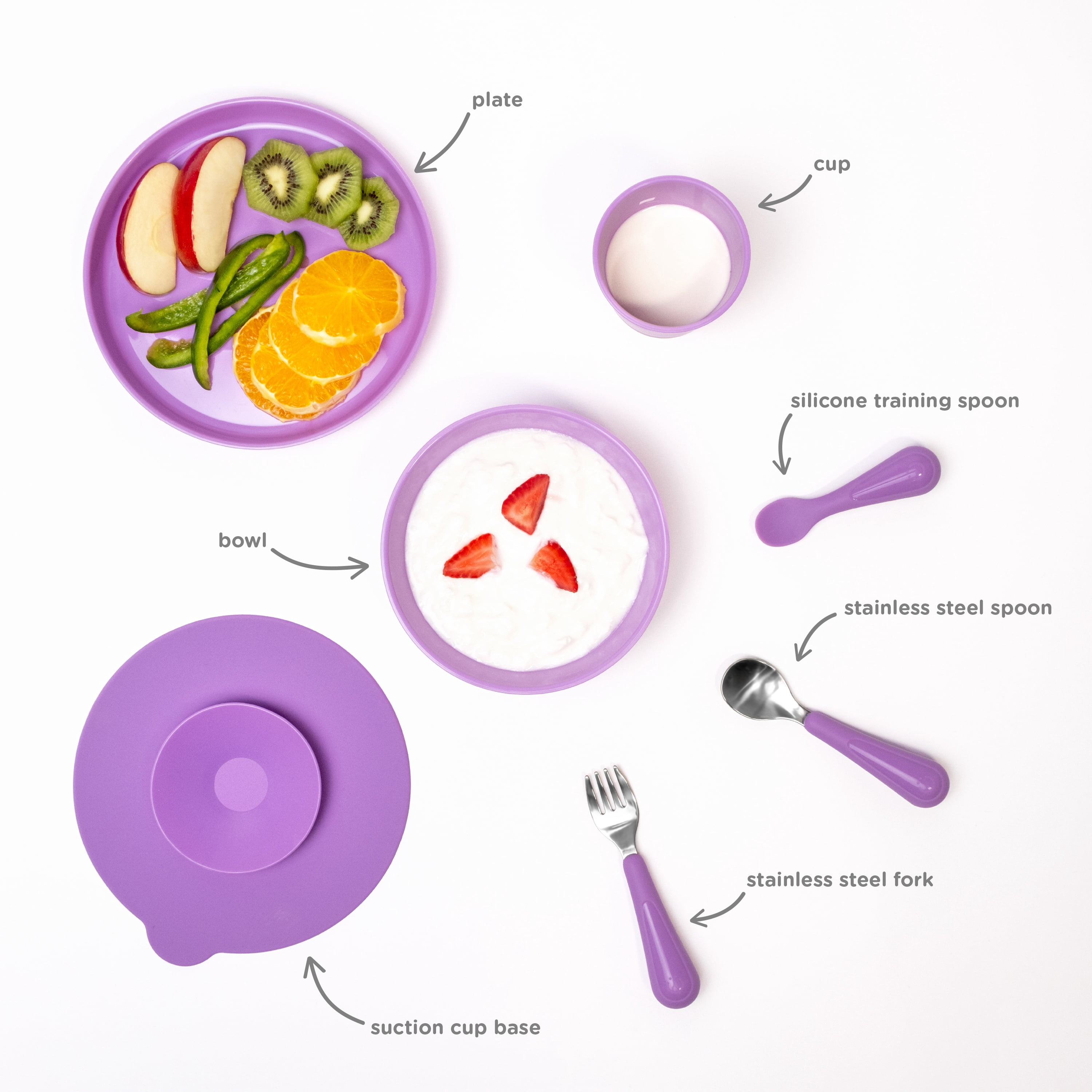 Ubbi 7-Piece Suction Toddler Feeding Set, Includes Plate, Bowl, Cup, Utensils, Interchangeable Suction Cup Base, Polaris Blue
