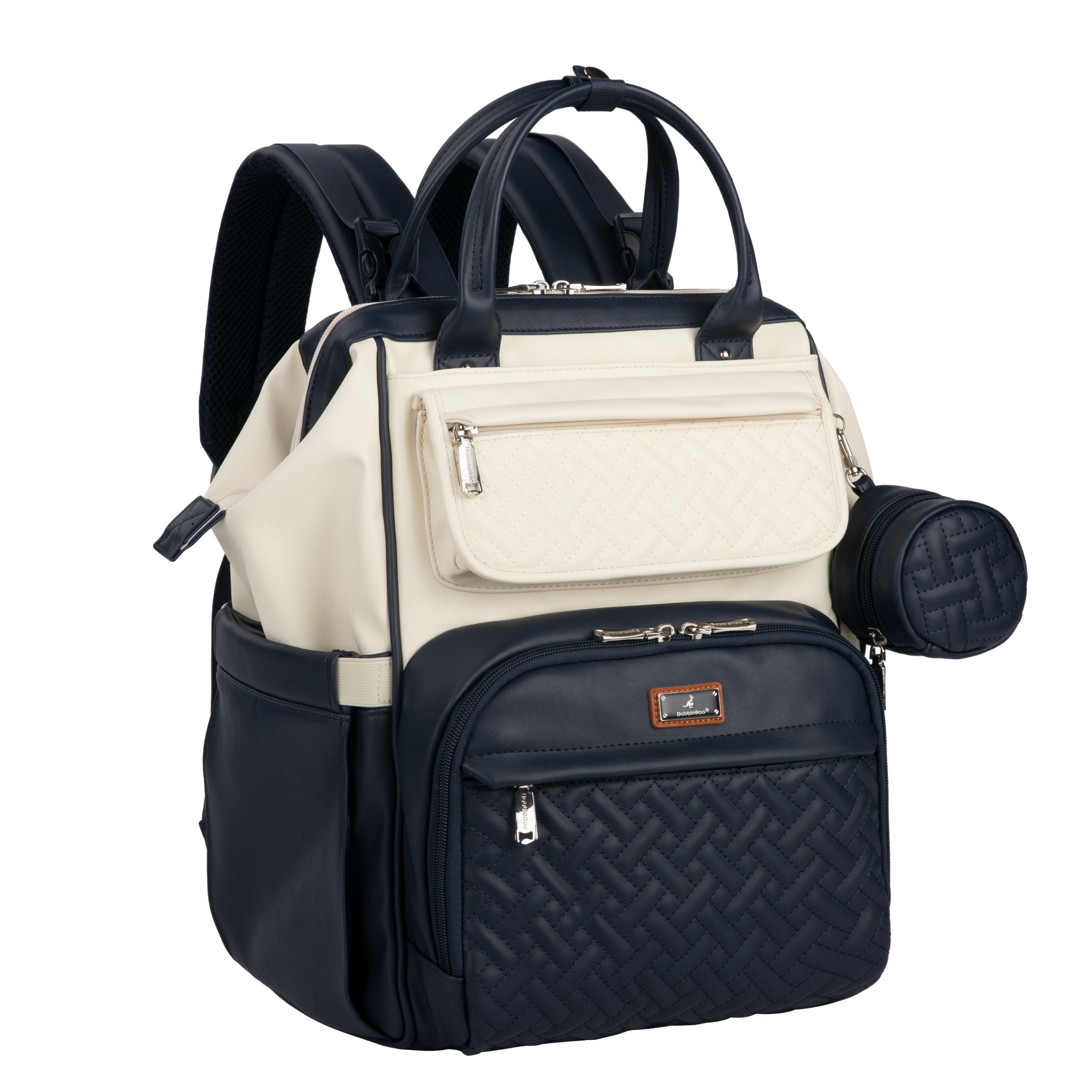 BabbleRoo Widetop Waterproof Diaper Backpack with Insulated Bottle Pockets, Vegan leather- Blueberry Cream