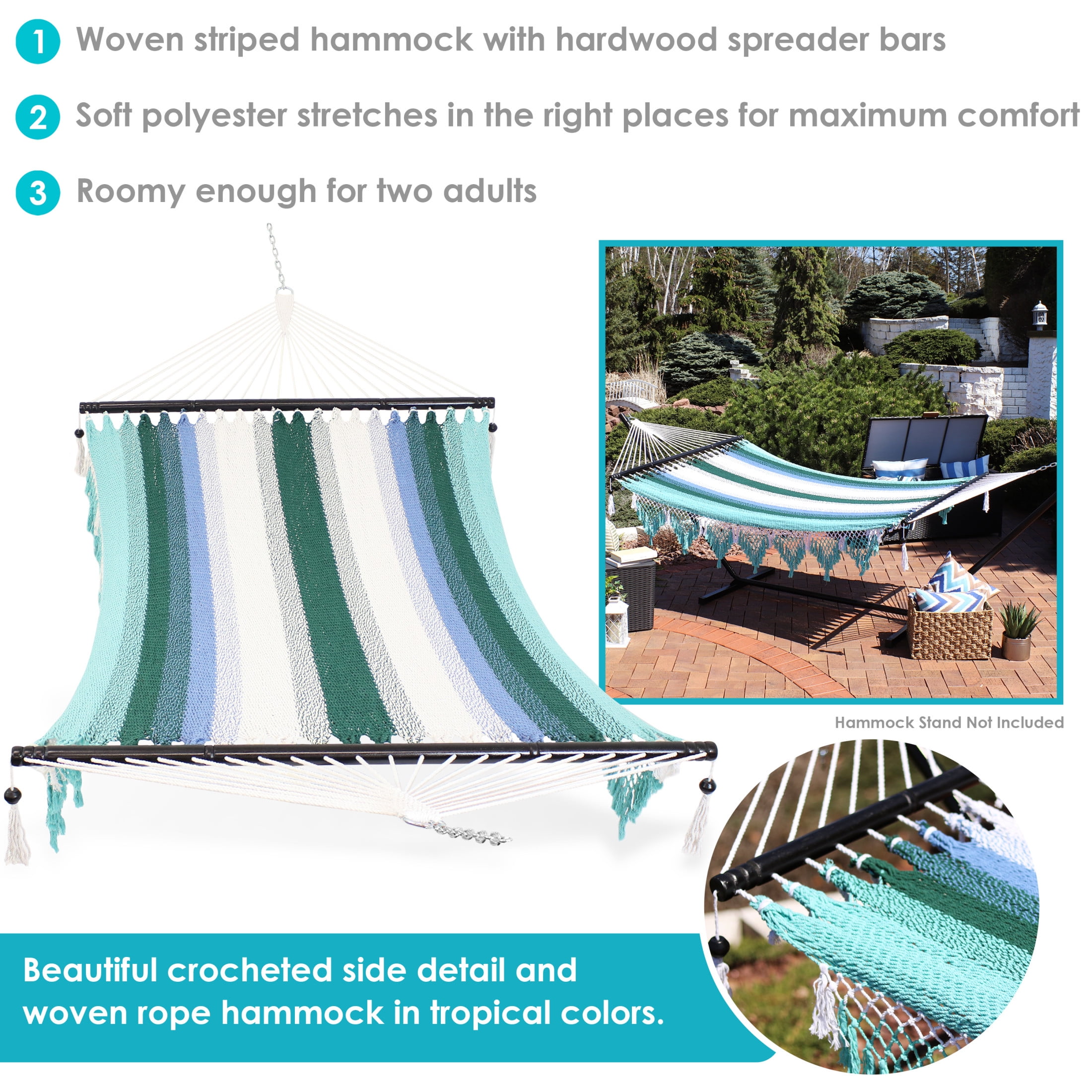 Sunnydaze 2-Person Quilted Polyester Spreader Bar Hammock, 600 lb Capacity - Lagoon Stripes