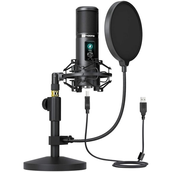 USB Microphone Kit, 192KHZ/24BIT MAONO AU-PM421T PC Condenser Podcast Streaming Cardioid Mic with mute button and gain knob Plug & Play for Computer, YouTube, Gaming Recording