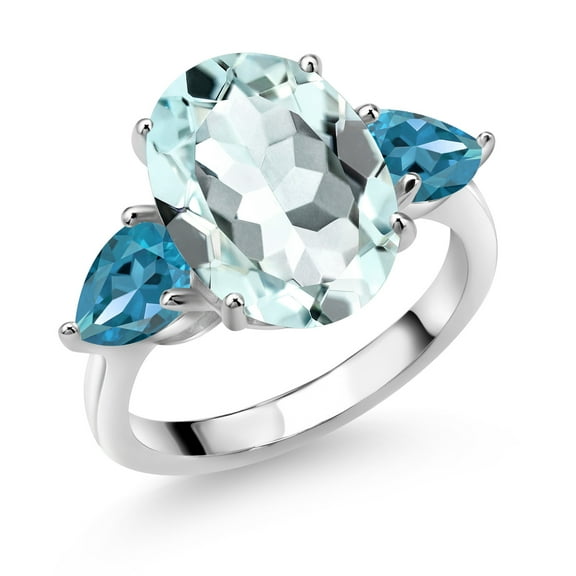 Gem Stone King 7.24 Cttw Sky Blue Simulated Aquamarine and London Blue Topaz Ring for Women | 925 Sterling Silver | 14X10MM Oval and 7X5MM Pear Shape (Size 9)