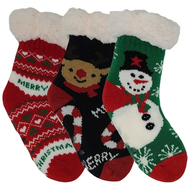 KIDS Boys Girls Sherpa Fleece Lined Home Non Skid Slippers Socks