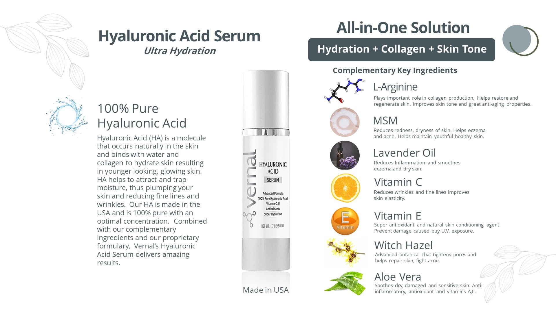 Vernal Hyaluronic Acid Serum - Rich With Vitamins C, E and Age-Defying Antioxidants - Best Anti Wrinkle, Anti Aging Face Serum that Lifts and Firms Skin