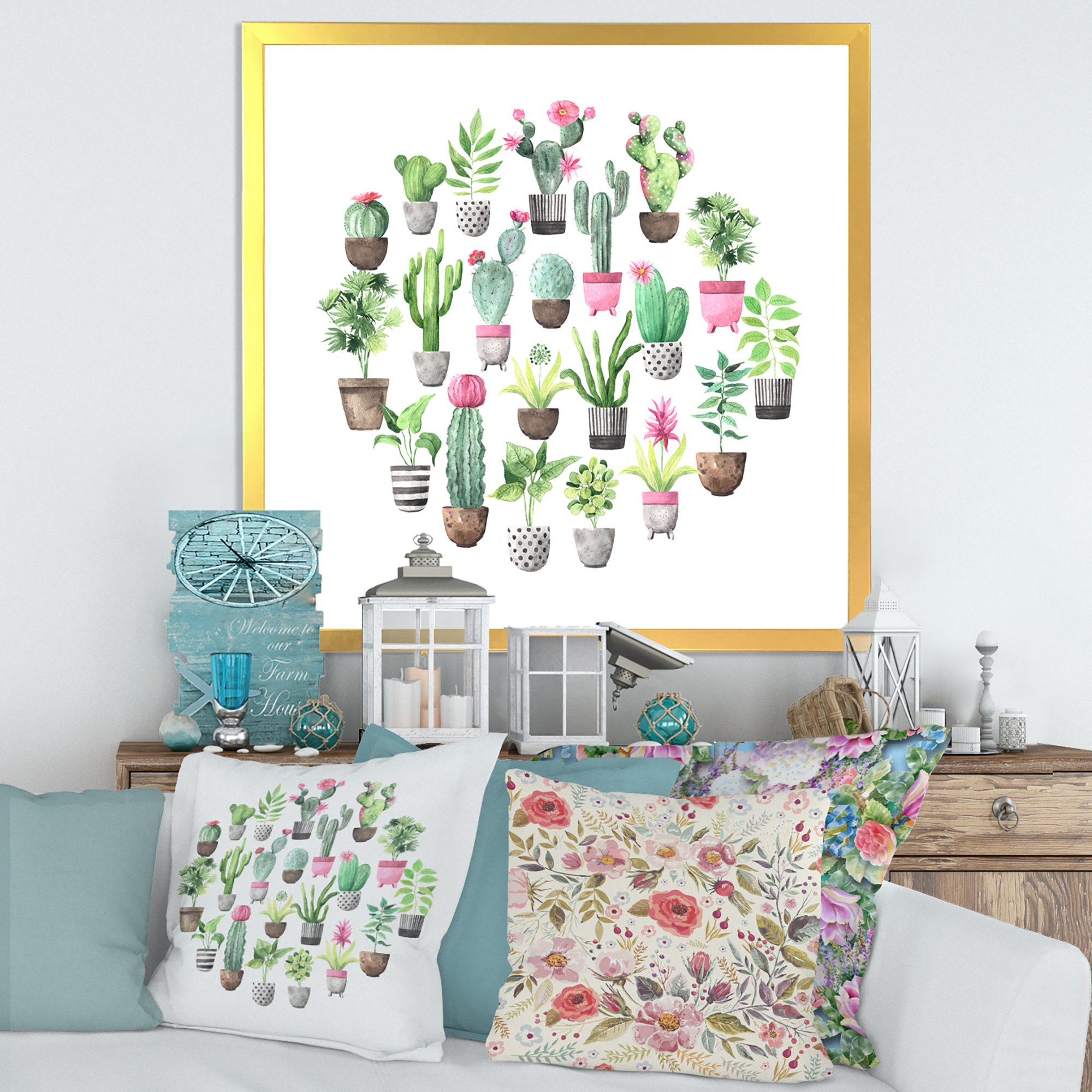 Designart 'Cactus In Ceramic Pots In Gentle Tones II' Traditional Framed Art Print