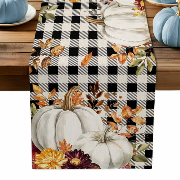 ERUNPONLY White Pumpkin Fall Table Runner - 108 Inch Long Thanksgiving Eucalyptus Leaves Black Plaid Cotton Linen Dress Scarves Farmhouse Table Runner for Kitchen Dining, Coffee Table, 13" x 108"