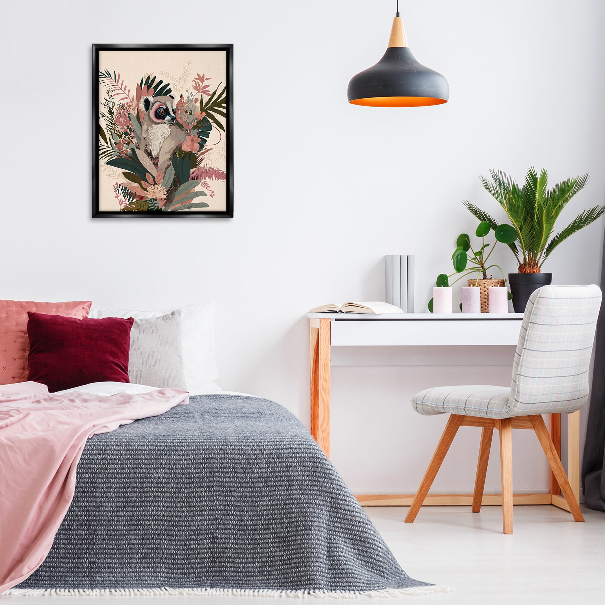 Stupell Industries Lemur with Hibiscus Plants Animals & Insects Painting Black Floater Framed Canvas Art Print Wall Art, 25 x 31