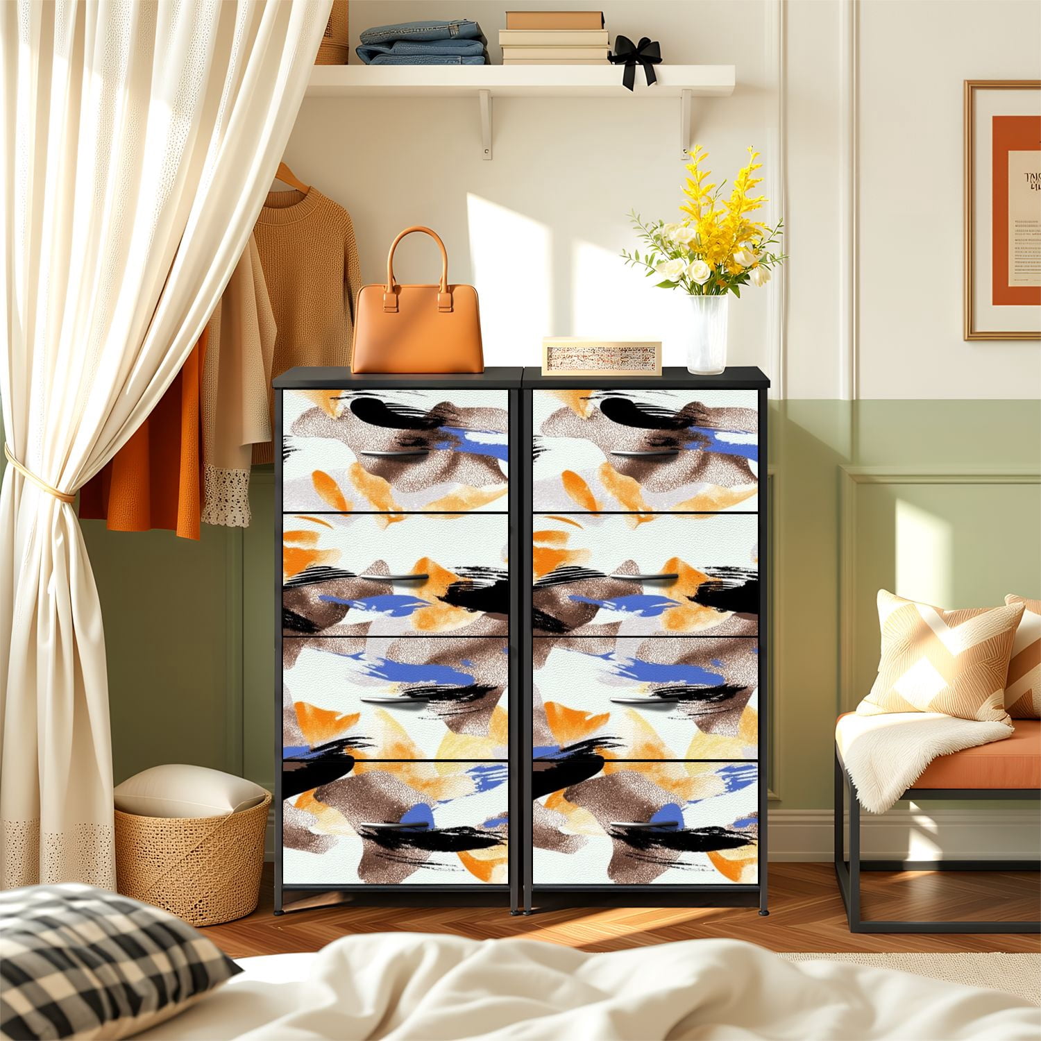 4 Drawer Vertical Storage Dresser Abstract brush strokes watercolor patterns banners posters fabric with Wood Top Fabric Pull Drawers