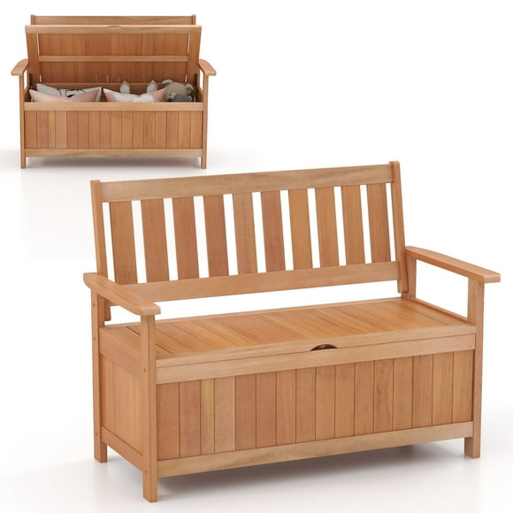 Costway 48 Inch Patio Storage Bench Wood Loveseat with Slatted Backrest for Backyard