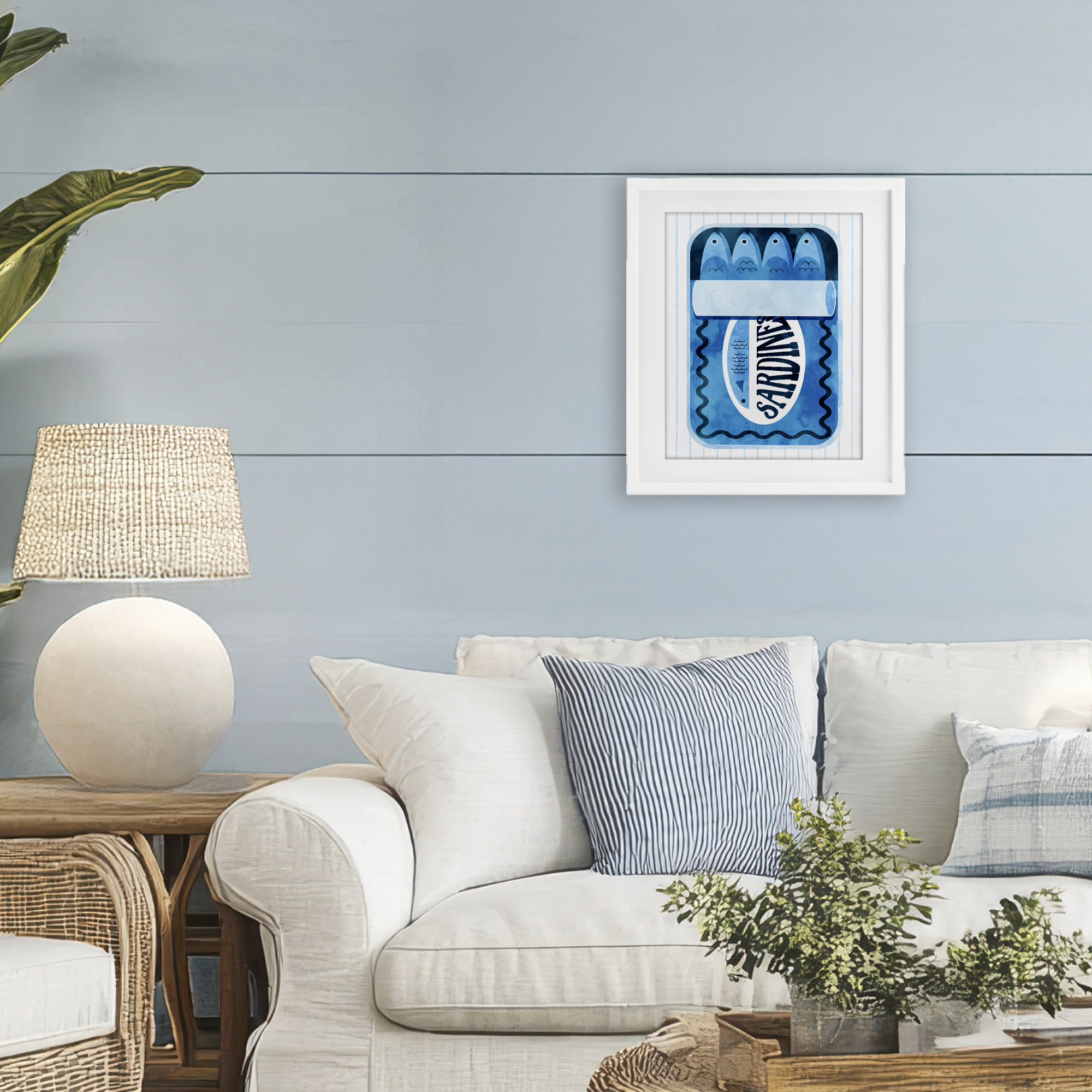 Blue Sardine Tin Over Stripes White Framed Print Under Glass, design by Daphne Polselli