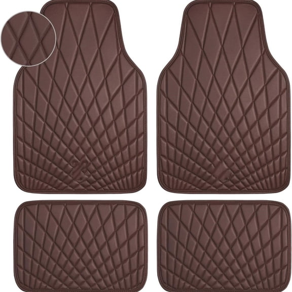 Luxury Faux Leather Floor Mats for Cars, Waterproof All Weather Car Mats Full Set, Anti-Slip Deluxe Automotive Floor Mats Universal Fit for Most SUV Vans Sedans Trucks, 4 Piece Brown