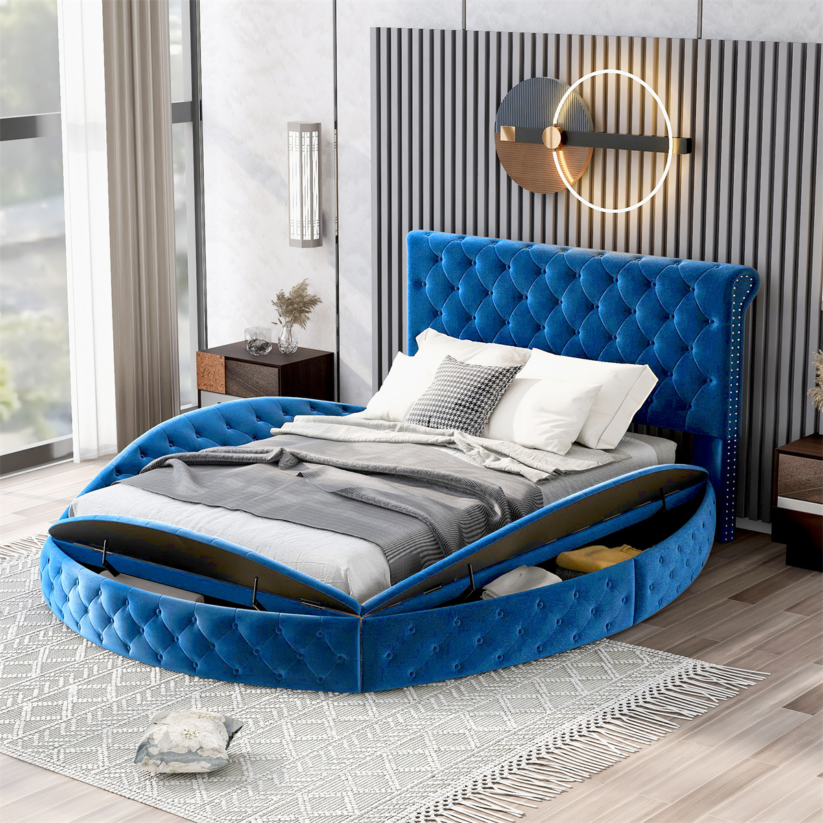 Round Shape Full Size Platform Bed with Storage Space on 3 Sides,Modern
