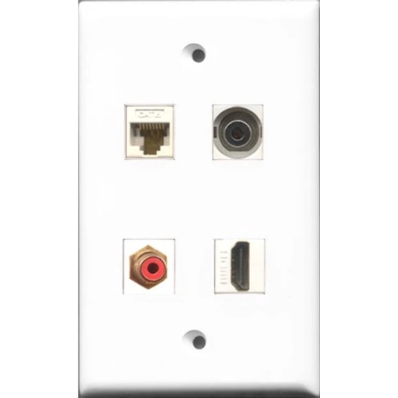 RiteAV 1 Port HDMI and 1 Port RCA Red and 1 Port 3.5mm and 1 Port Cat6 Ethernet White Wall Plate