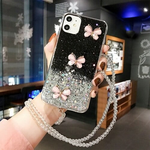 For Apple iPhone 12 Black Smart Shockproof Glitter Crystal butterfly Wrist Strap Cover Case