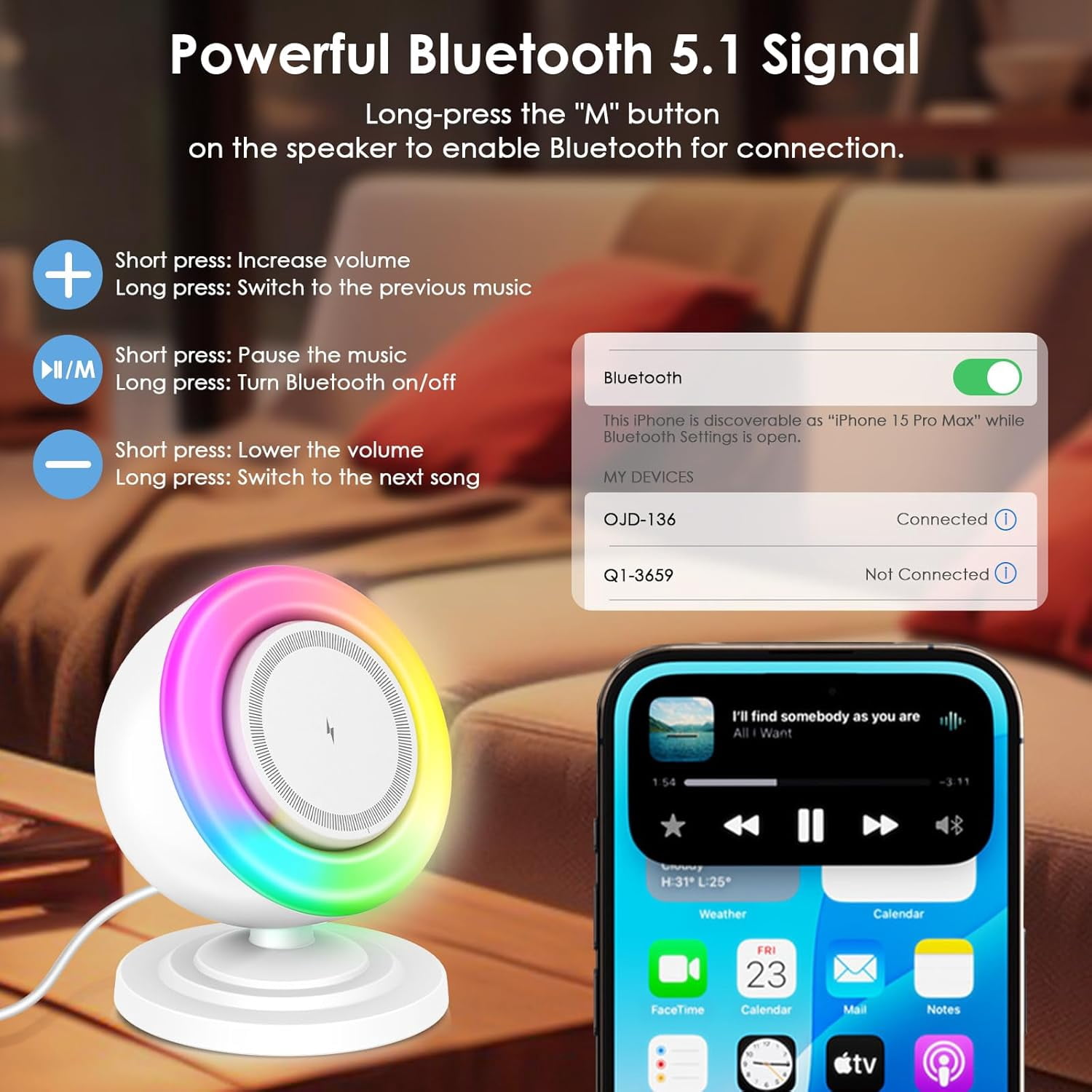 Magnetic Wireless Charger with Bluetooth Speaker and Night Lights, 4 in 1 Charger Stand for iPhone 12-16 Series,Charge While Listening to Music with RGB Lights for Home Decor, Bedroom, Office Charger