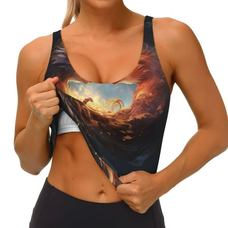 Qokaie Red And Gray Flame Fox Pattern Womens Scoop Neck Sports Bra Breathable Workout Vest Padded U Back Medium Impact Fitness Gym Yoga Bra Workout Crop Top