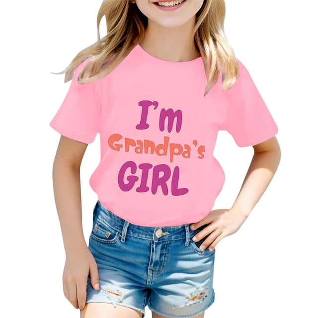 SUXIAN T-Shirts Filles Enfants à la Mode Décontracté Lettre Col Rond T-Shirt à Manches Courtes Haut Imprimé Lettres Col Ras du Cou Chemises Décontractées Filles Rose 6-7 Ans