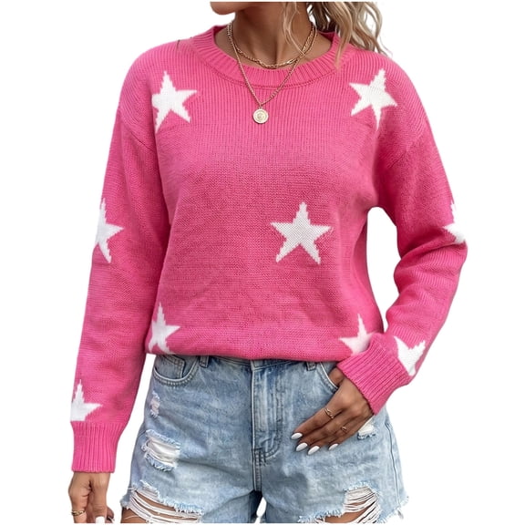Maplenight Sweaters for Women Star Print Crew Neck Knit Pullover Long Sleeve Drop Shoulder Loose Fit Casual Fall Sweater