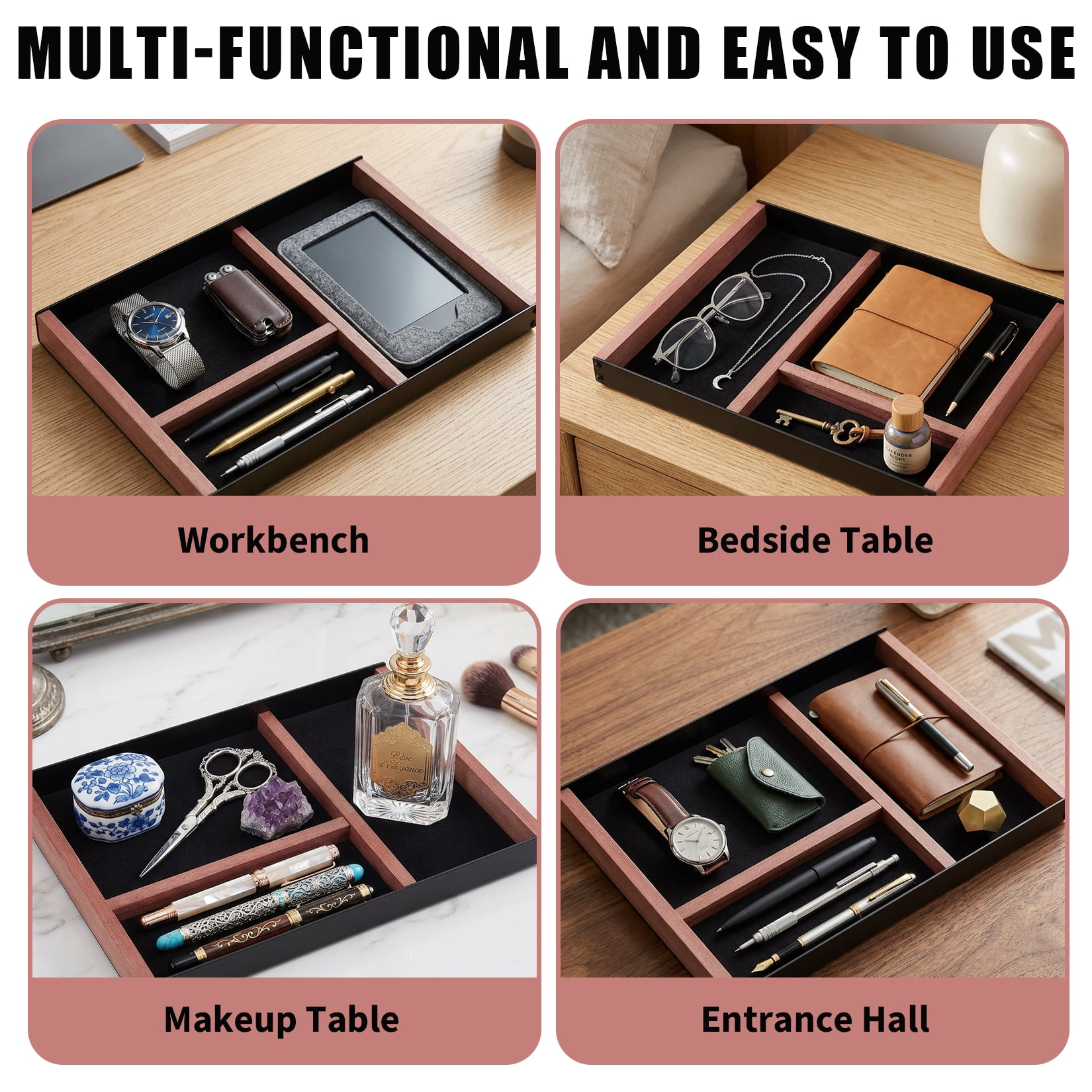 Garvee Wood and Metal Desk Organizer Tray, 3-Compartment Shallow Drawer Organizer for Office Supplies, 13x9x1.1 Inch Iron and Paulownia Wood Desk Accessories Decor, 3.5lbs Heavy Duty Non-Slip
