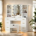 thumbnail image 2 of Makeup Vanity Desk with Lighted Mirror, 7 Drawers, Charging Station & Cushioned Storage Stool, Wood Dressing Table with 4 Open Shelves, 3 Compartments, 2 of 7