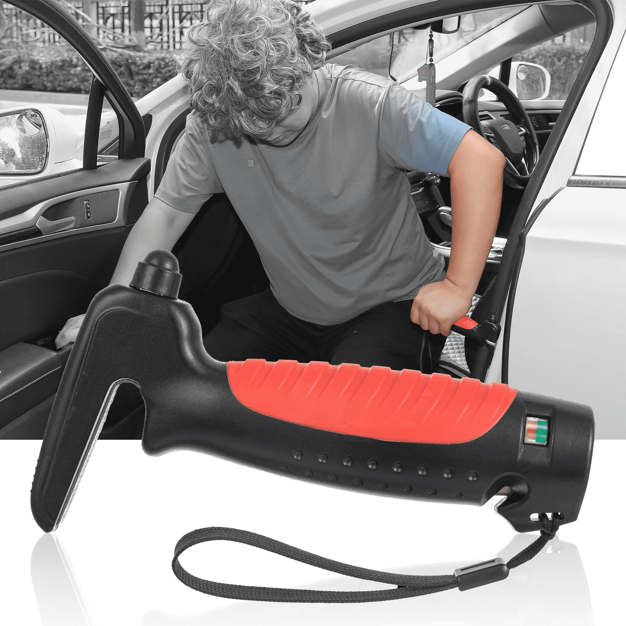 2 Pack 4-in-1 Car Door Assist Grab Handle, Portable Auto Safety Tool with Window Breaker, Hidden Seat Belt Cutter & Tire Air Leak Detector, Non Slip Rubber Grip Car Accessory