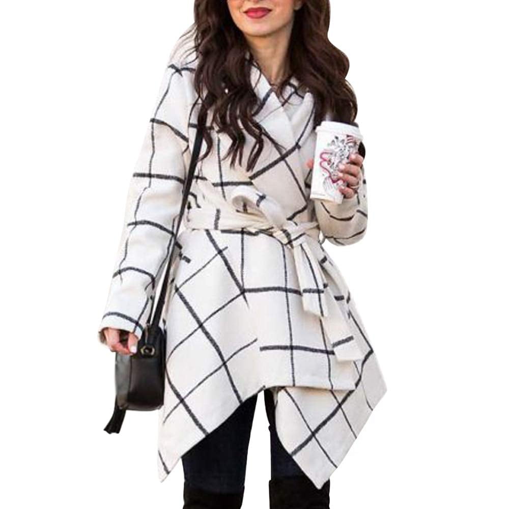 Grid Asymmetric Hemline Wool Blend Coat 