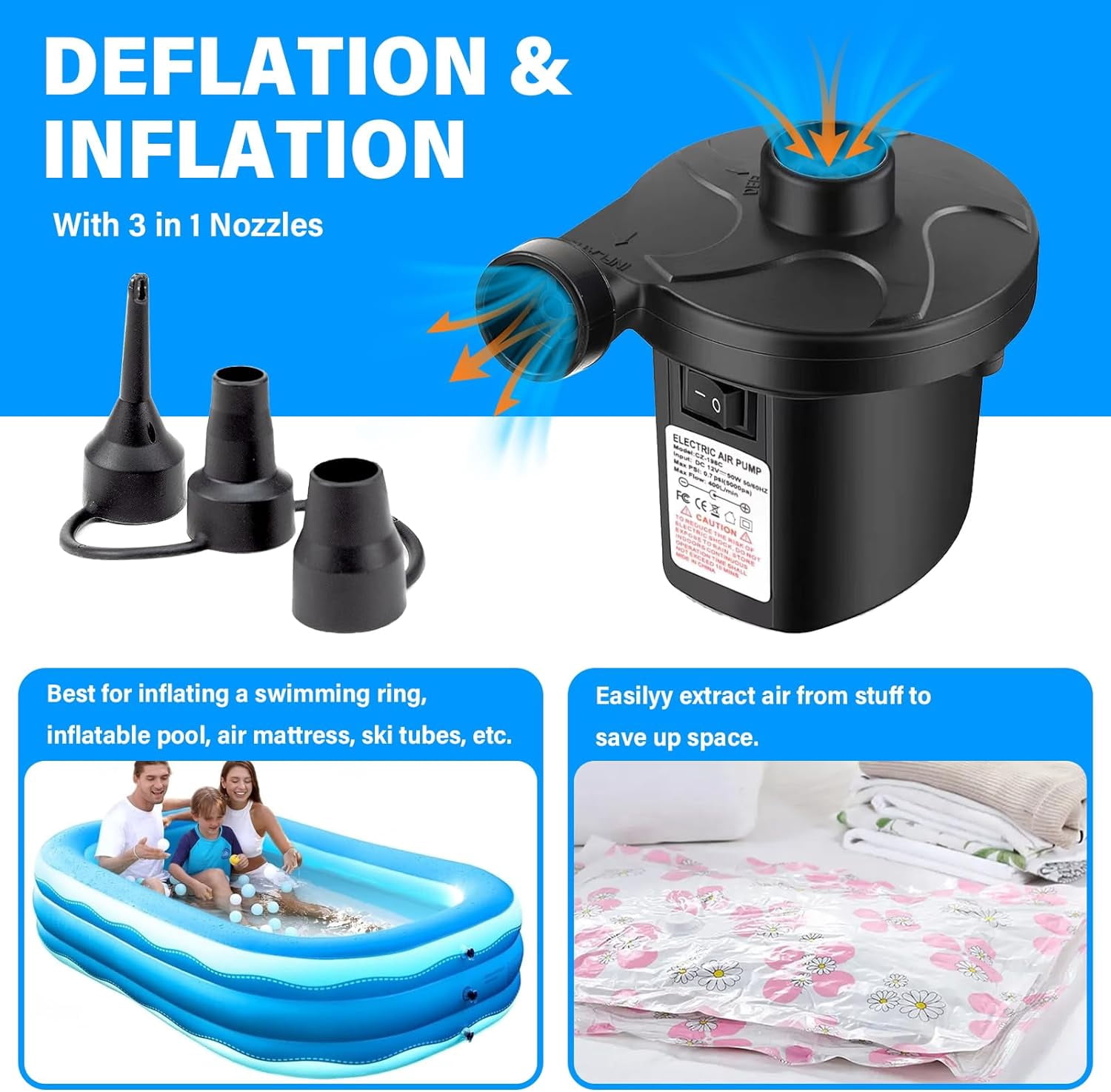 Electric Air Pump for Inflatable with 3 Nozzles, 110V AC/12V DC, Air Mattress Pump, Quick Fill Inflator Deflator Air Pump Perfect for Outdoor Camping Inflatable Boat Blow Up Pool Water Toy