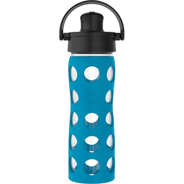 Lifefactory Botella de agua de vidrio de 16 onzas con tapa abatible activa y funda protectora de silicona Teal Lake