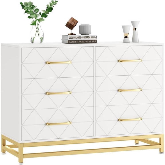White Modern 6 Drawer Wooden Dresser, Multi Functional TV Stand Storage Chest for Bedroom Nursery