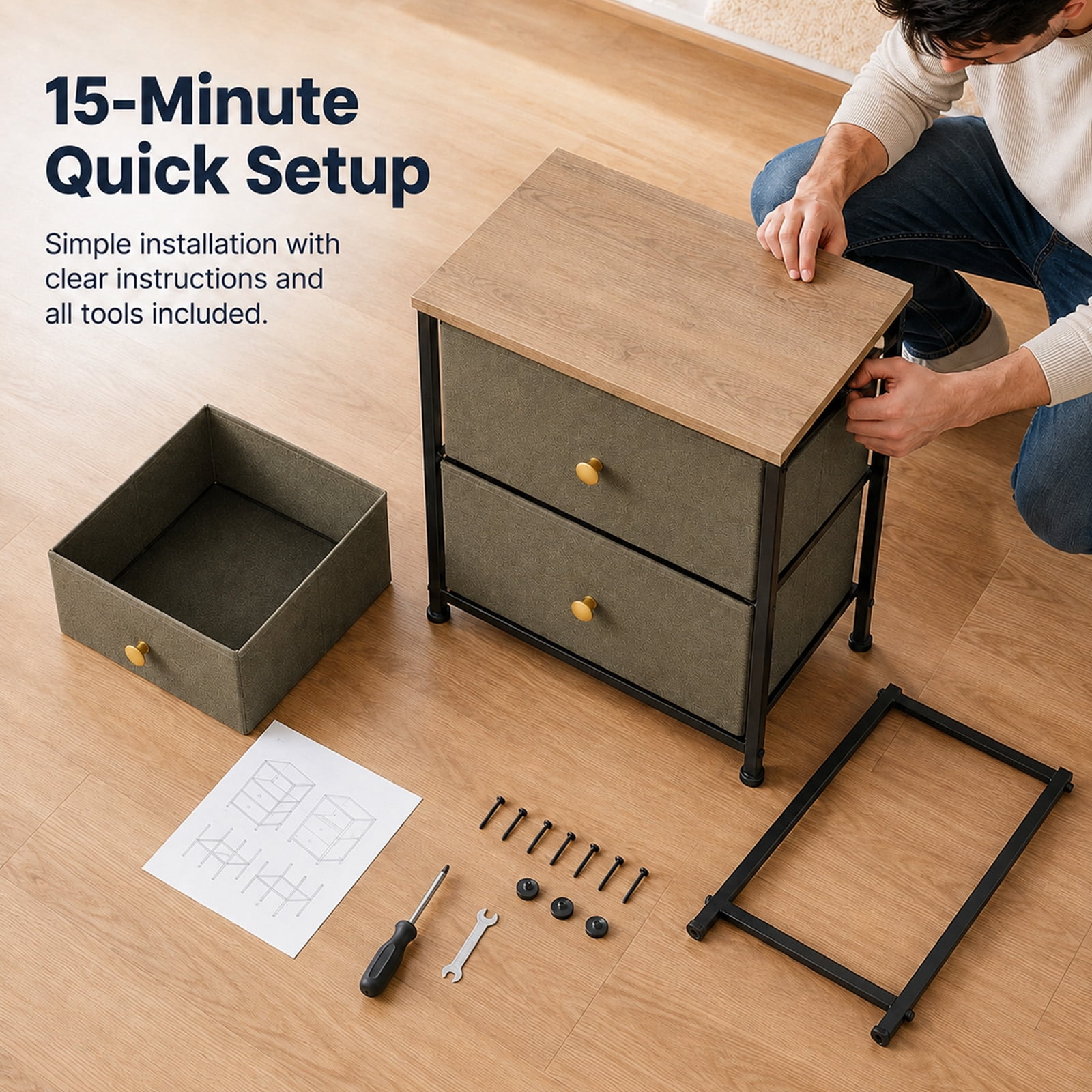 Alvantor Nightstand with 2 Storage Drawers, Small Bedside Table, Small Dresser with Sturdy Wooden Top for Daily Essentials, Compact Nightstand for Bedroom and Small Spaces