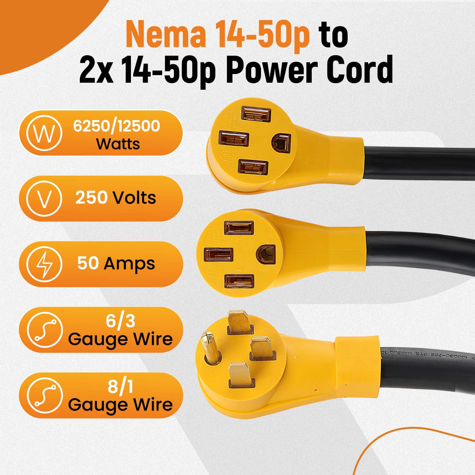 maXpeedingrods 50 Amp Y Splitter Adapter Cord 4 Prong 250V with 14-50P to 2X 14-50R Outdoor Extension Cord, 3 Feet 6/3 8/1 STW AWG for RV EV, for Tesla Model 3/S/X/Y