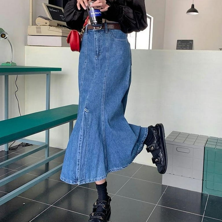 Blue Segmented Long Denim Skirt | Momo - Twice