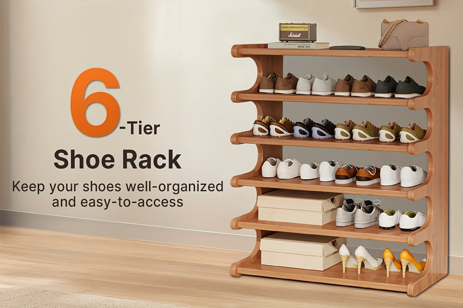 4/5/6 Tier Bamboo Shoe Rack – Wooden Shoe Organizer Shelf for Entryway, Closet, or Garage, Holds Up to 24 Pairs, Space-Saving & Easy to Assemble