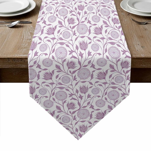 Purple Flowers Table Runner Linen Burlap Table Runner 120 Inches Long Vintage Country Plants Floral Herbs Dresser Scarves for Kitchen Island Coffee Dining Room Party Holiday Decoration 13"x120"