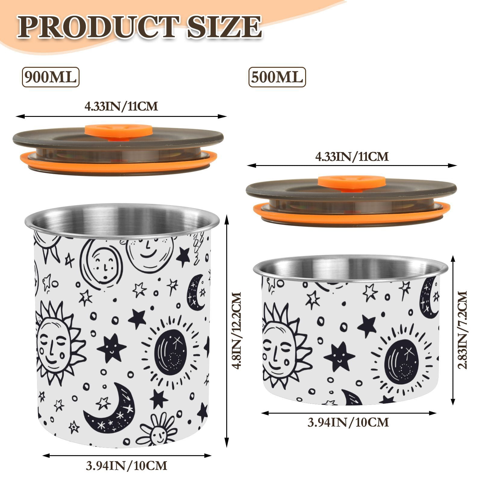 Cute Cartoon Sun Moon Star Airtight Coffee Bean Canister 30oz Food Storage Containers with Lids For Gournd, Tea, Sugar, Flour, Rice, Cereal, Candy Cookie Jar