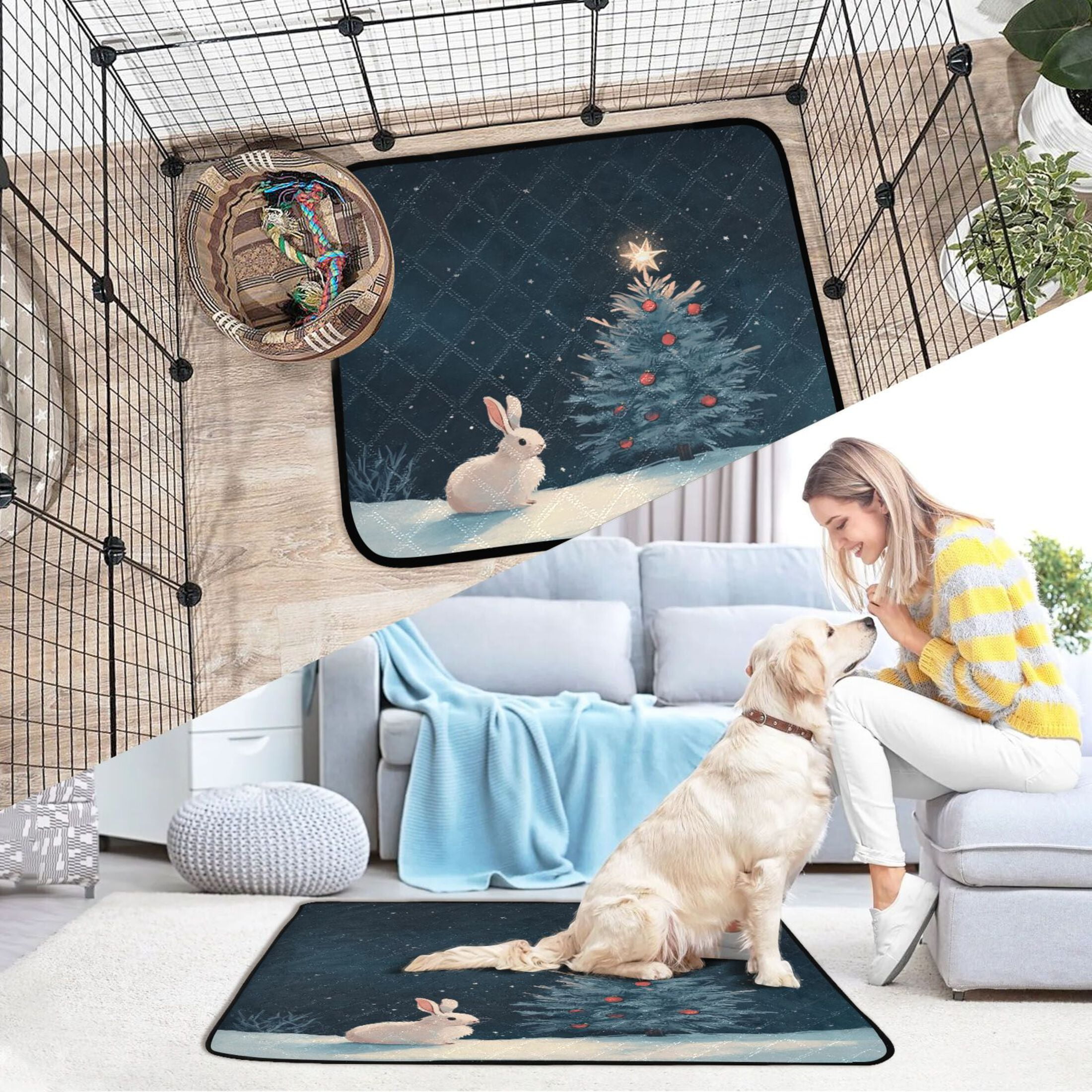 Qxltty Christmas Tree and A Rabbit Cat litter Pads Pet Set of 3 Diaper Mats Center Anti-leakage Layer Absorbent Soft and Comfortable