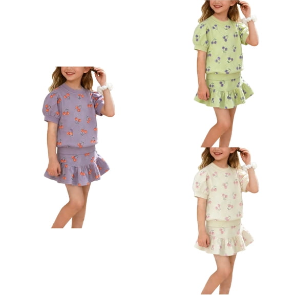 Loopsun Girls Short Sleeve Round Neck Shirts Print Top and Skirt 2 Piece Casual Summer Daily Wear Outfit Beige, 2-3 Years